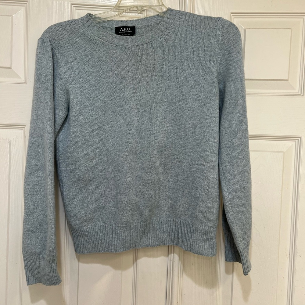 A.P.C Women’s Blue Wool Cotton Micro Puff Sleeve Crew‎ Neck Sweater Medium
